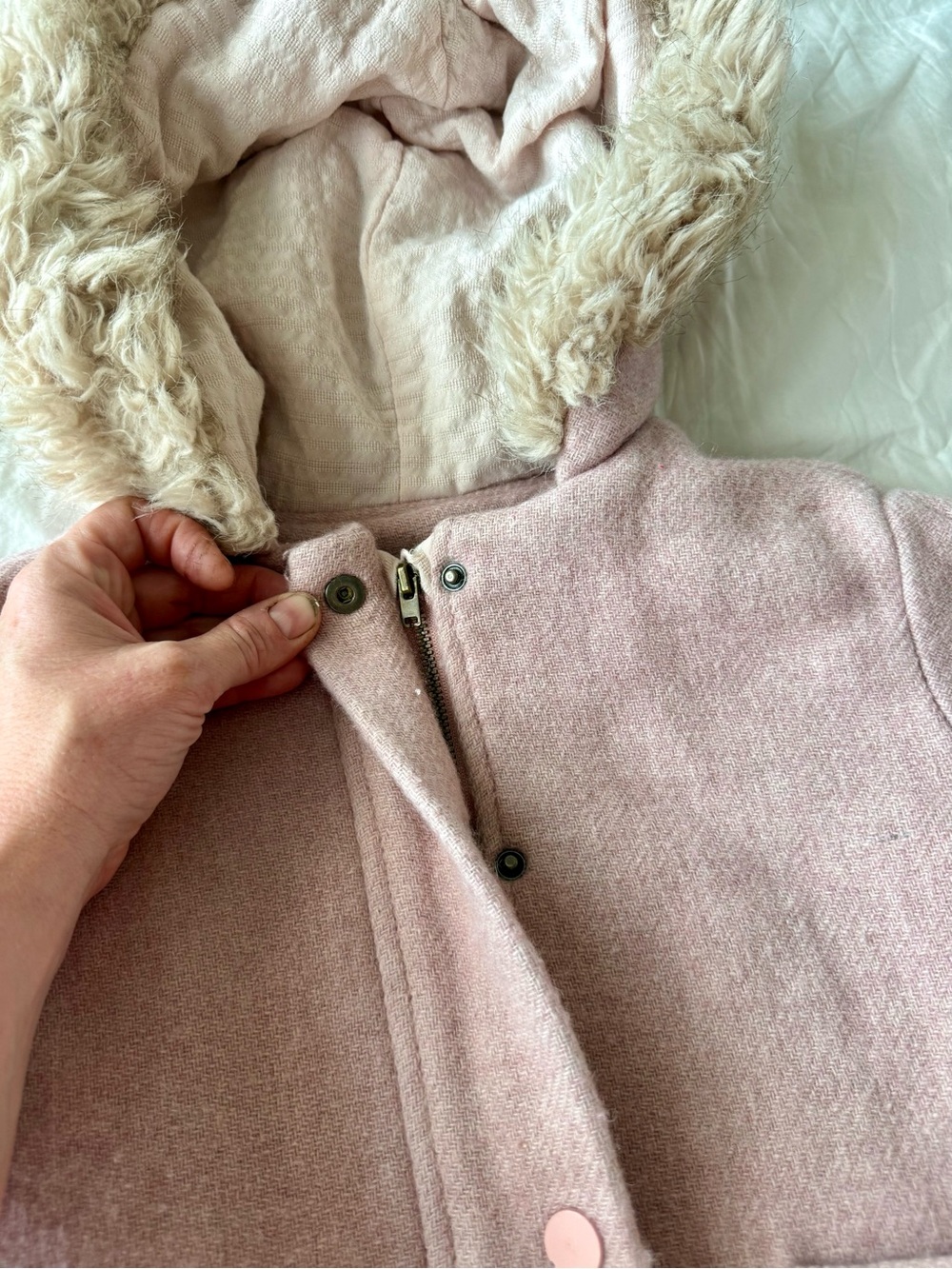 Zara Girls Pale Pink Pea Coat with Faux Fur Trimmed Hood